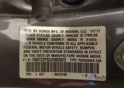 2018 Honda Civic Lx из США, поврежденный, VIN 19XFC2F52JE003023